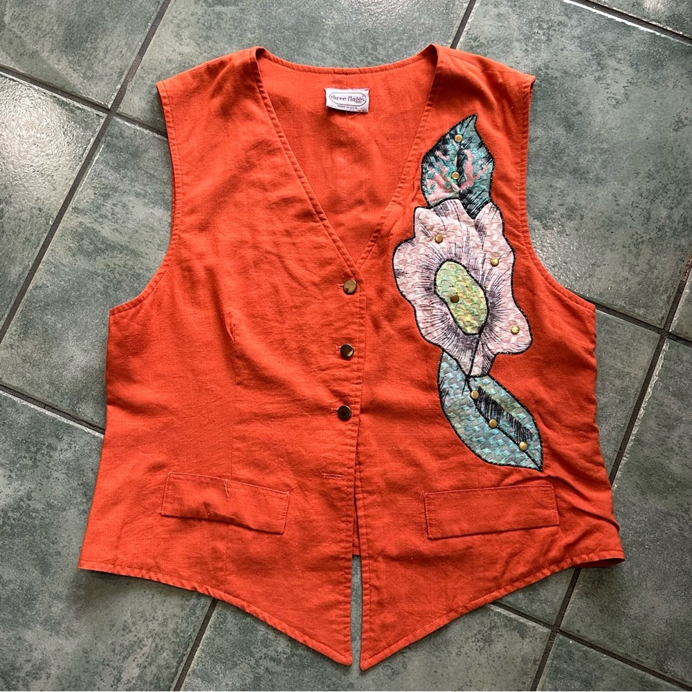 VTG Bright Orange Floral Patchwork Vest